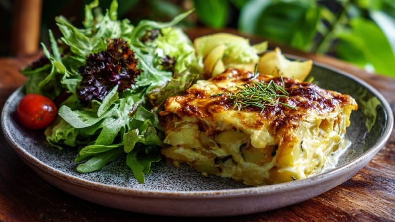 Musaka sa krompirom i tikvicama servirana na tanjiru uz salatu